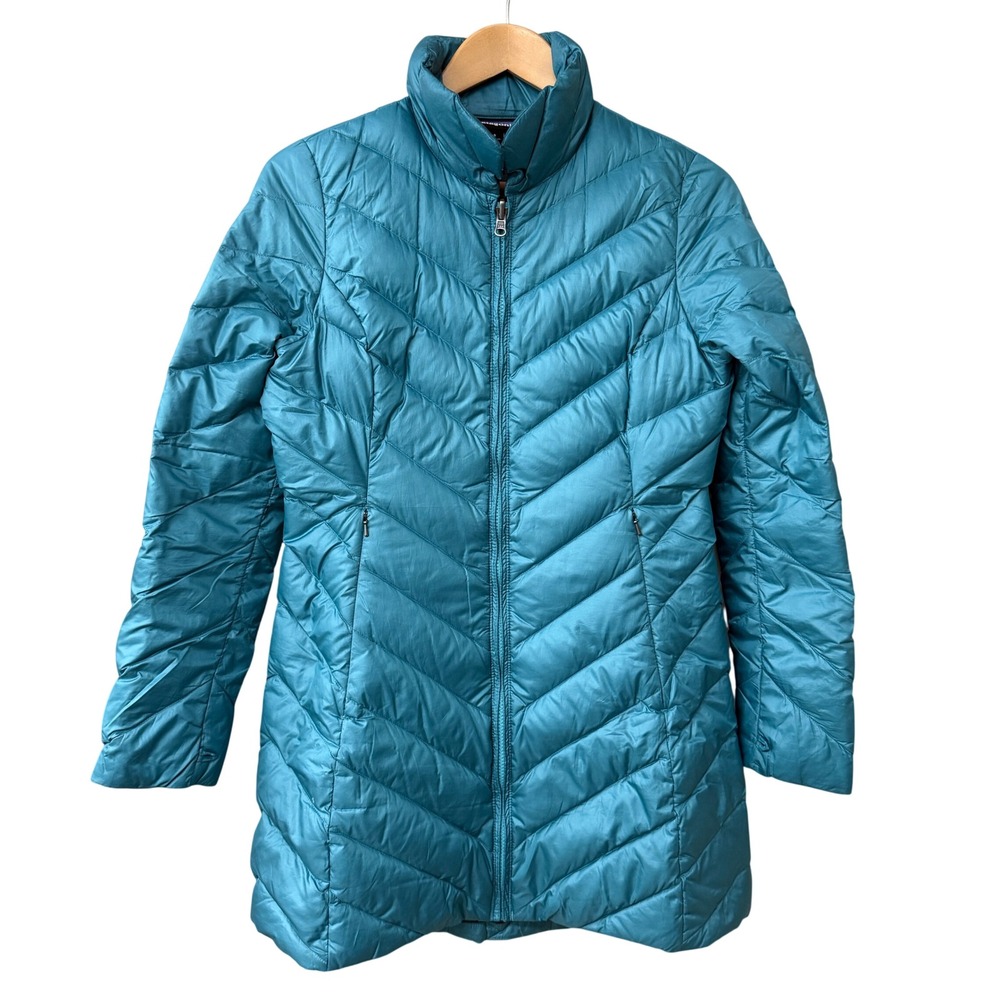 Patagonia Womens Quilted Down Insulated Full Zip Parka Size S Teal Blue Chevron